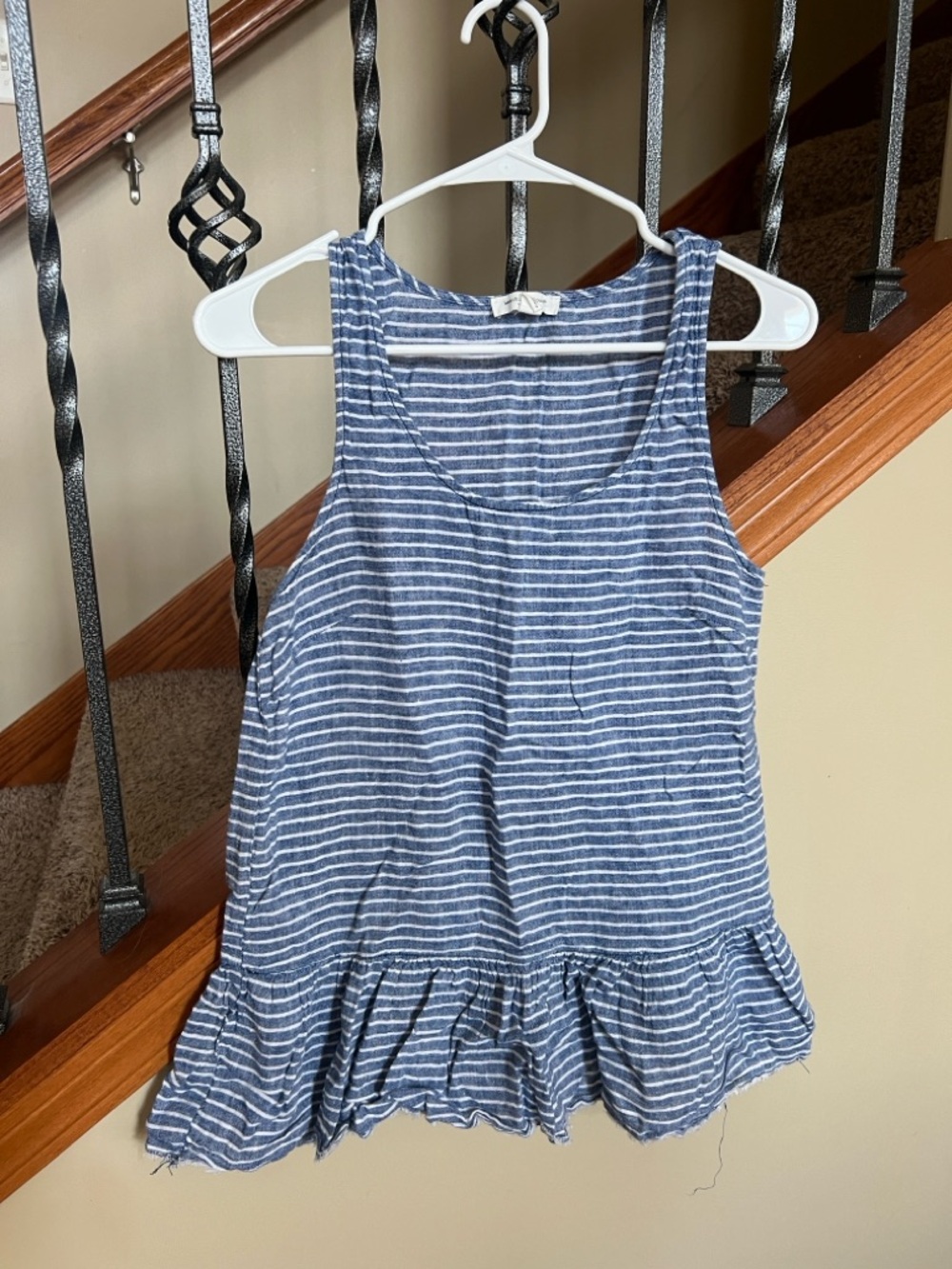beachlunchlounge Blue and White Striped Ruffle Hem Tank Top
